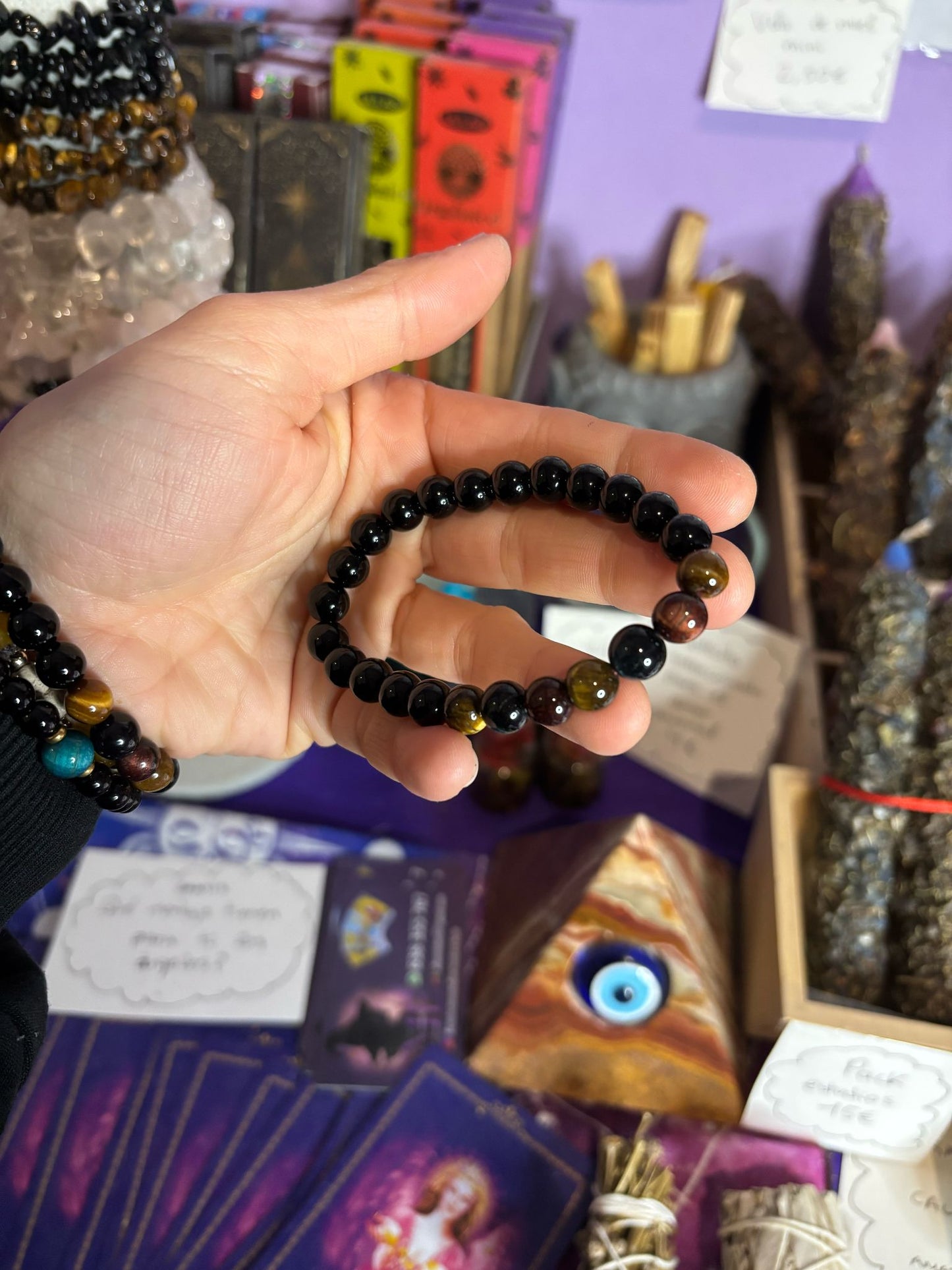 Pulsera obsidiana negra con ojo de buey y ojo de tigre